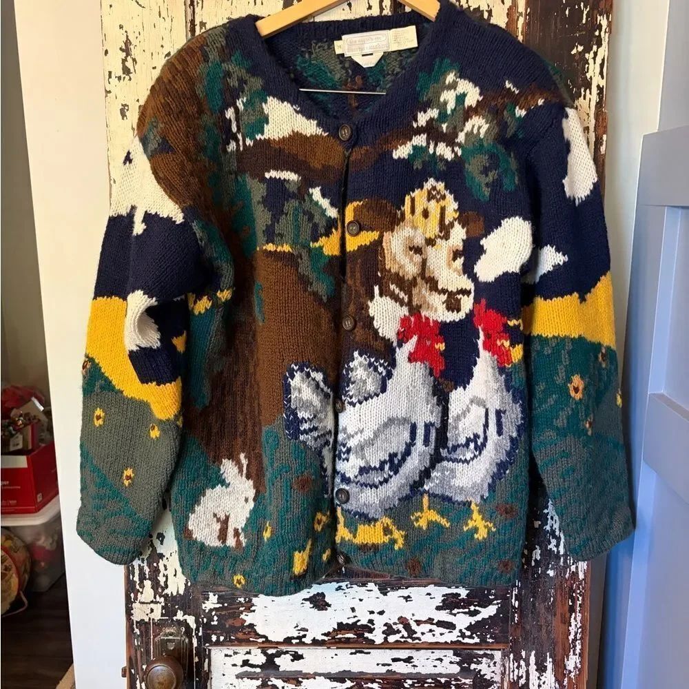 Vintage The Eagle’s Eye wool cardigan Cottagecore Size M.  farm scene cows.